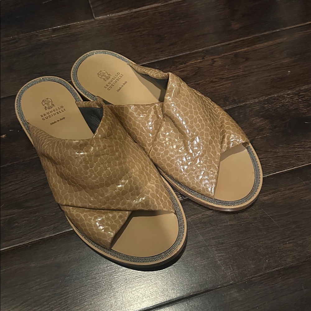 Brunello Cucinelli brown leather criss cross slides size 36.5 retail $795